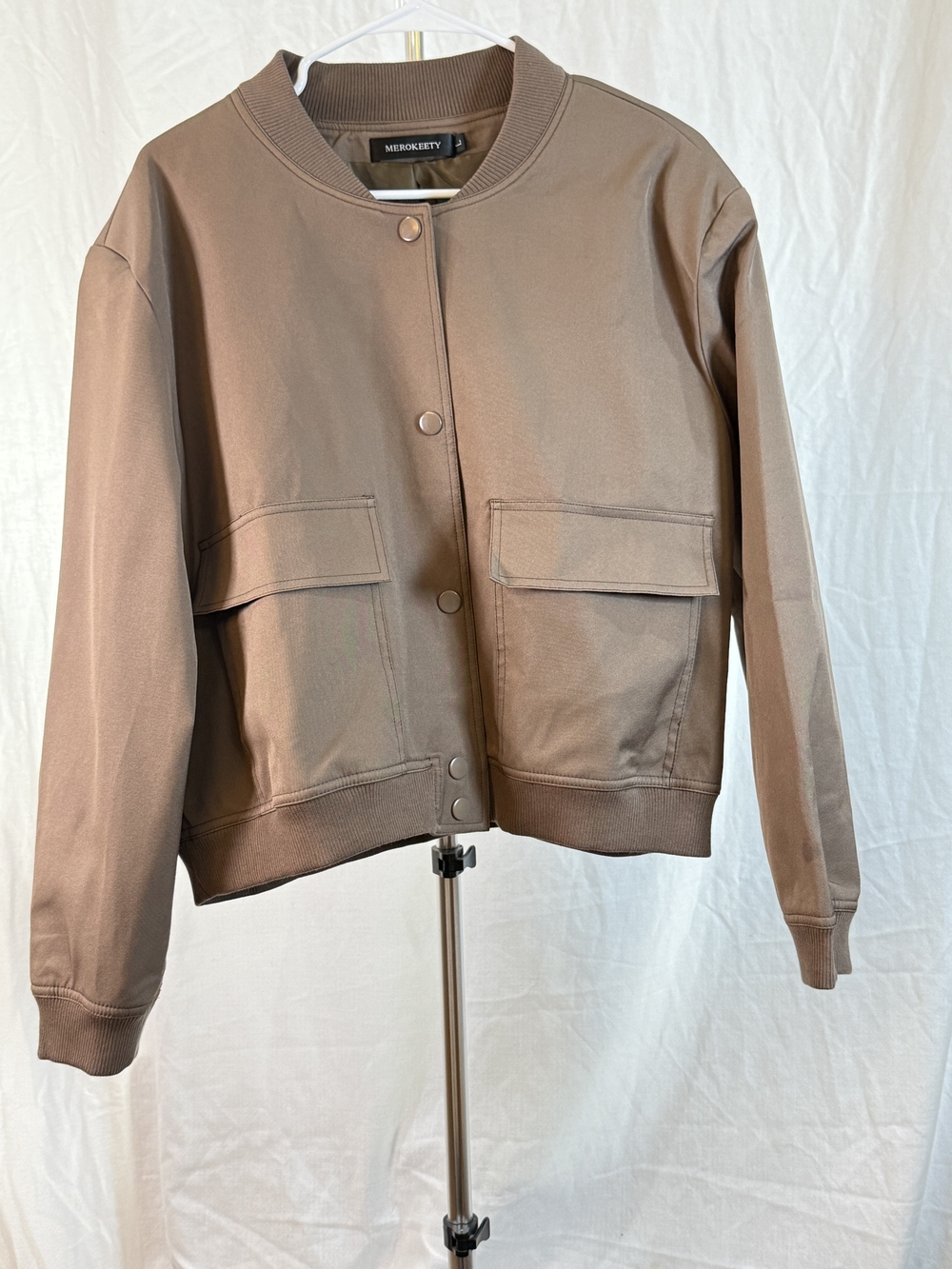 MEROKEETY Women's Taupe Bomber Jacket - Utility Pocket Design sz Lg